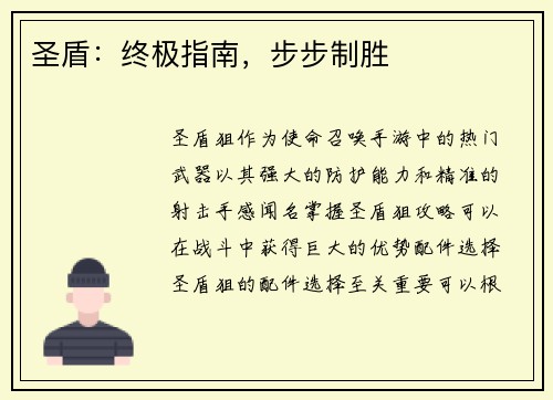 圣盾：终极指南，步步制胜